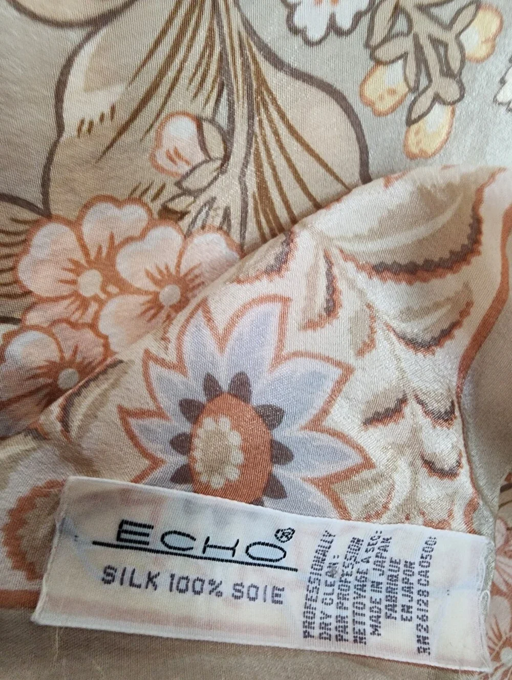 Echo Silk Floral Scarf in Peach, Pale Blue & Cream 35 X 34 Inches